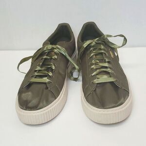 Puma Basket Satin Sneakers Platform Green/White Lace Up Shoes US 9
